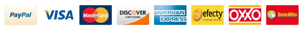 PayPal Visa Mastercard Discover Amex Efecty OXXO Sencillito